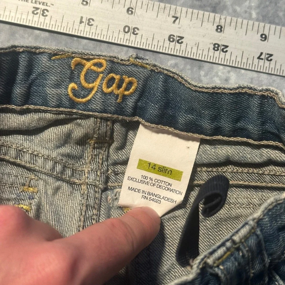 Y2K Gap Kids Girls Blue Jeans Cropped Patchwork Distressed Bottom Size 14 Slim‎